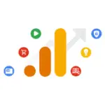 "Google Analytics 4 logo with orange bars and arrow."