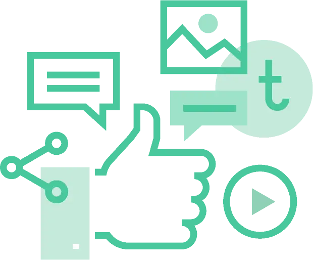 A text icon and connection nodes, indicating text posts and social media sharing.